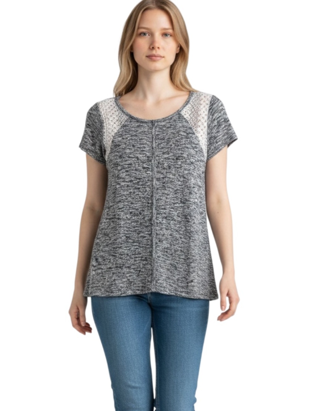 SO Gray Heathered Short-Sleeve Knit Top with Cream Lace Yoke
